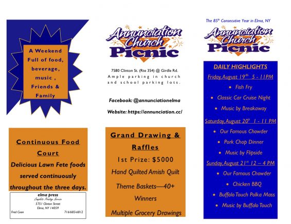The Church of the Annunciation in Elma will host its annual summer picnic Aug. 19-21.