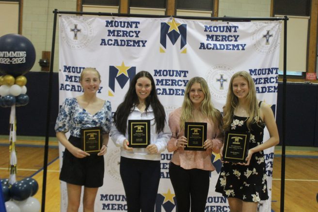 The Mount Mercy Booster Club Top Athlete Award Winners: Addison Barth, Isabella Fedele, Taylor Jahn and Athlete of the Year Rosalie Bandura.